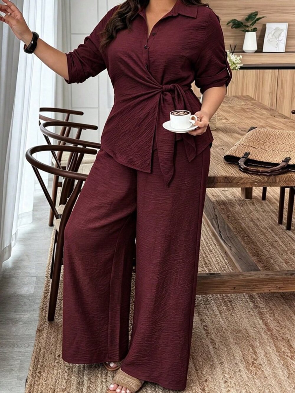 Burgundy Casual Women's Lapel Waist Tie Cinched Waist Shirt And Loose Pants Set